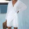 New Spring Summer Women'S Medium-Length Cotton Linen Dress, Cross V-Neck Solid Color Long Sleeve European American Casual Outfit