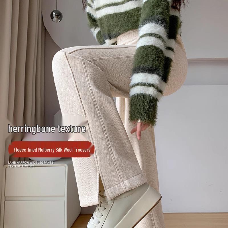 

Women s 2024 Herringbone Wool High-Waist Fleece-Lined Wide-Leg Pants 4XL [Recommended weight 165-180 lbs]