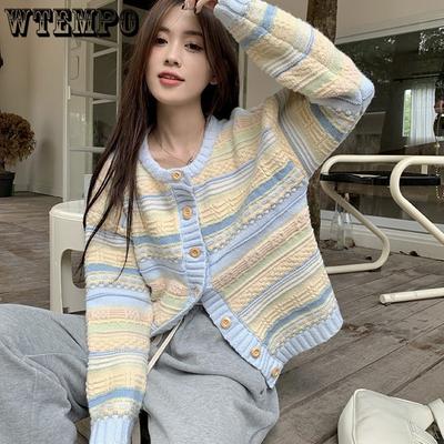 Frühling Neue Koreanische Oberbekleidung Locker Gestrickt Damen Frühling und Herbst Strickjackenjacke Gestreifte Version