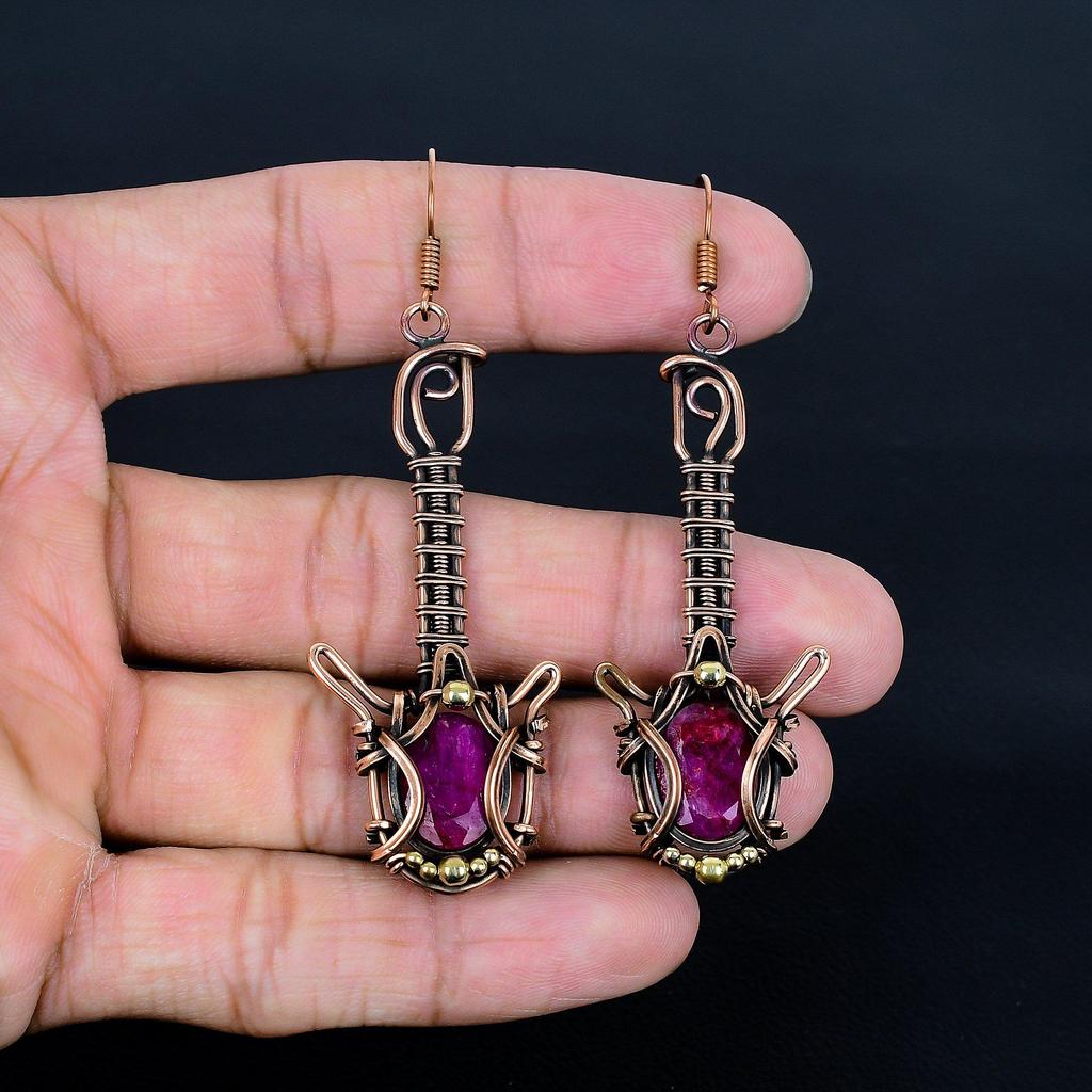 Ruby Earrings Gemstone Jewelry, 999 Copper Wire Wrapped Handmade Earrings, Latest Design Jewelry