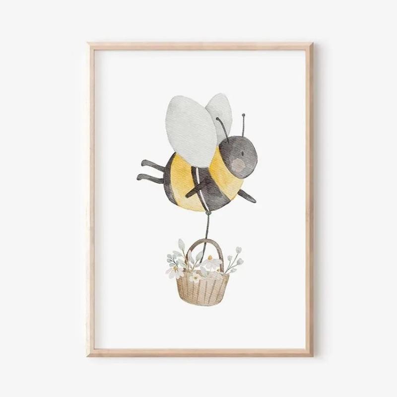 Boho Cartoon Farm Animals Wall Art Canvas Painting Rabbit Bear Bee Flower Posters and Prints Pictures for Baby Kids Room Decor
