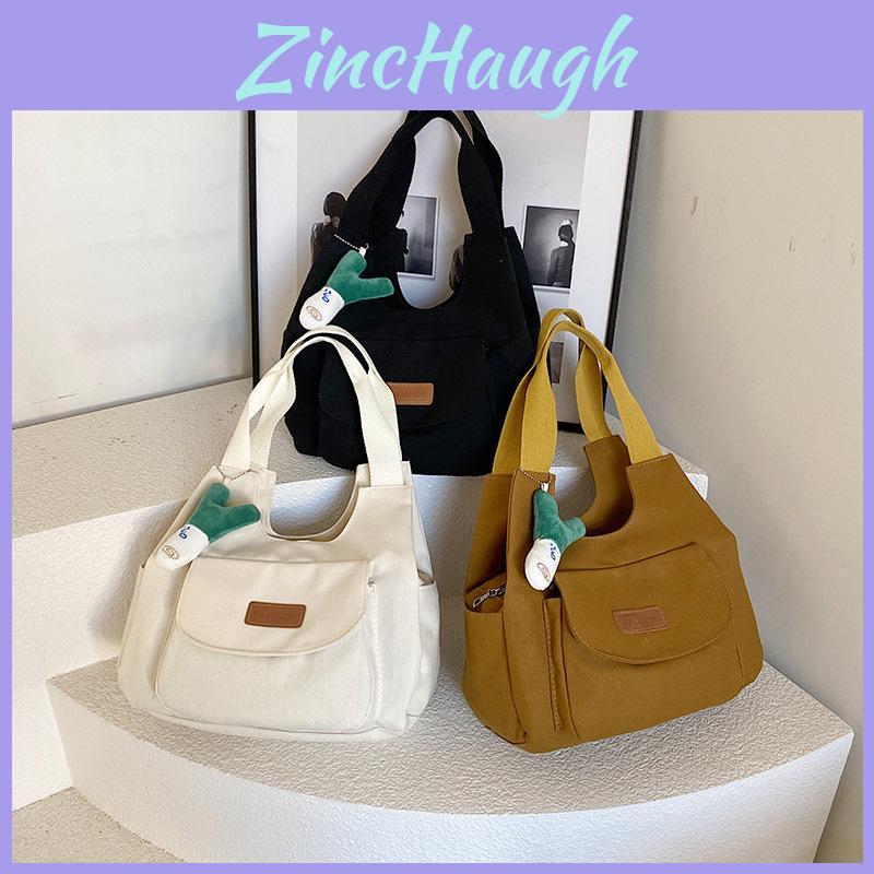 Fashionable Casual Commuting Big Canvas Tote Handbag For Women With Zipper Top And Soft Design