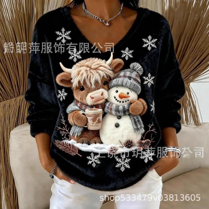 Womens V-Neck Long Sleeve Sweatshirt With 3D Digital Print Christmas Design Fall Winter Casual Hoodie