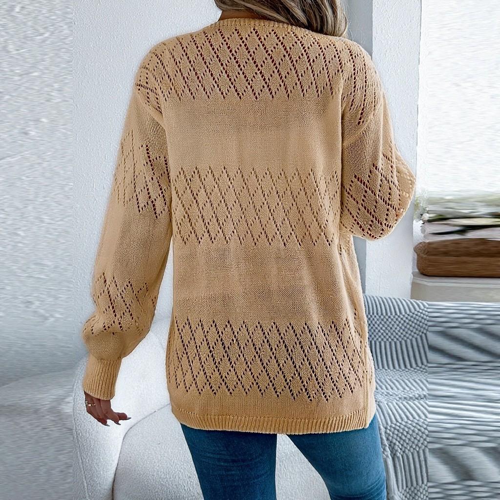Women's Casual Solid Color Hollow  Long Sleeve Cardigan Mid-Length Sweater Jacket