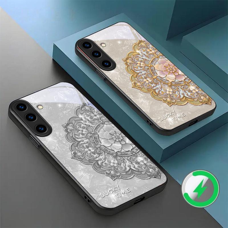 Fragrant Golden Mandala suitable for Samsung Galaxy S26 Ultra S20 FE S21 S22+ S23 Plus S24 Ultra 25 Edge black Glass Phone Casee