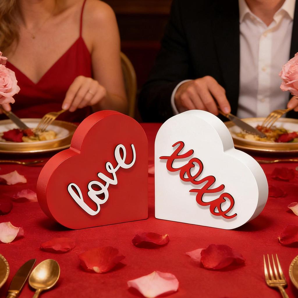 2PCS Valentine's Day Wooden Sign Decoration Heart Shaped Table Centerpieces Desktop Ornament Home Couple Love Crafts