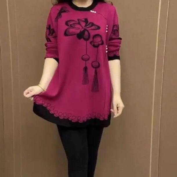 Stylish Floral Knitted Sweater for Middle-Aged & Elderly Women - Perfect for Spring & Autumn