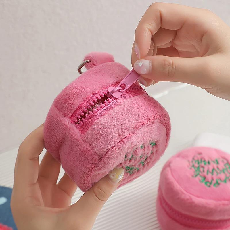 Girl Pink Plush Cake Wallet, Round Student Pendant Bag, Earphone Key Portable Storage Bag