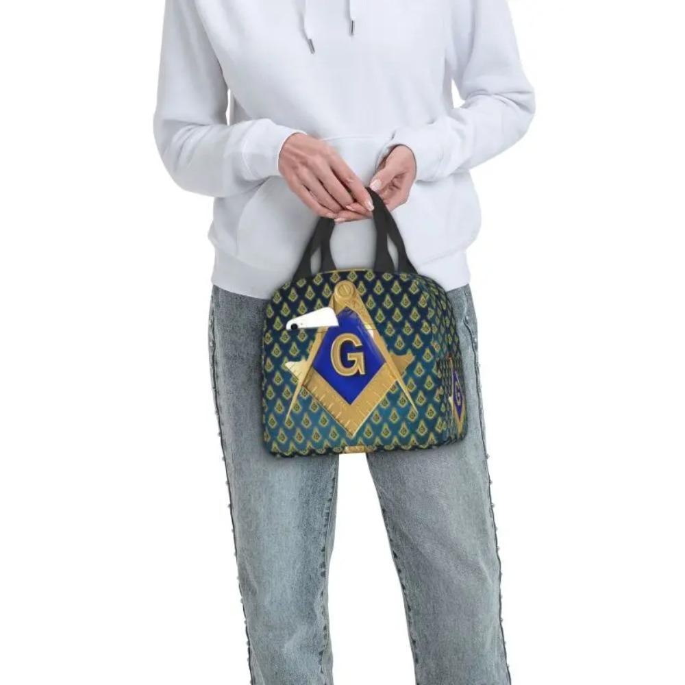 Custom Freemason Square & Compass Gold Masonic Thermal Insulated Lunch Bag Women Resuable Lunch Tote for Picnic Storage Food Box
