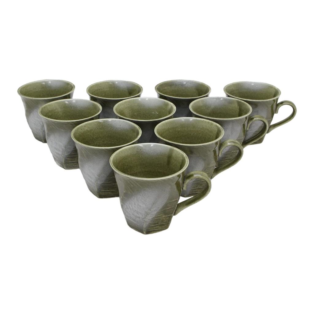 Castle Enterprises Mino Ware Japanese Cafe Series Rough-Kezuri Twisted Coffee Bowls, Green Ink Blown, Set of 10