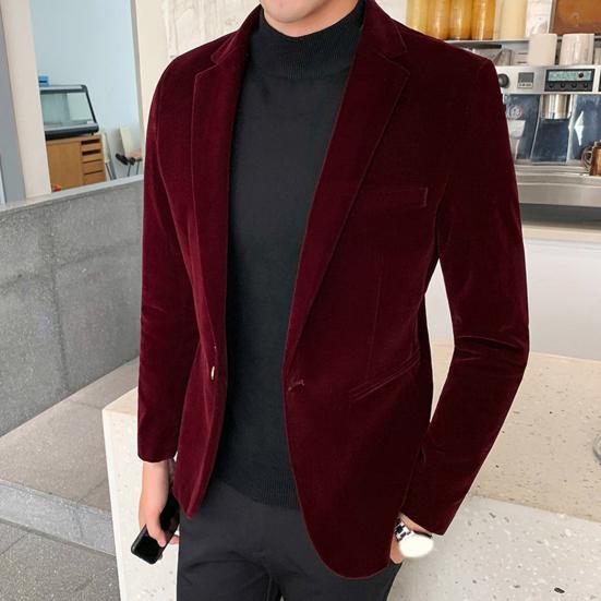 Spring Men Blazer Solid Color Turndown Collar Long Sleeve Slim Fit Single Button Velvet Suit Coat Streetwear