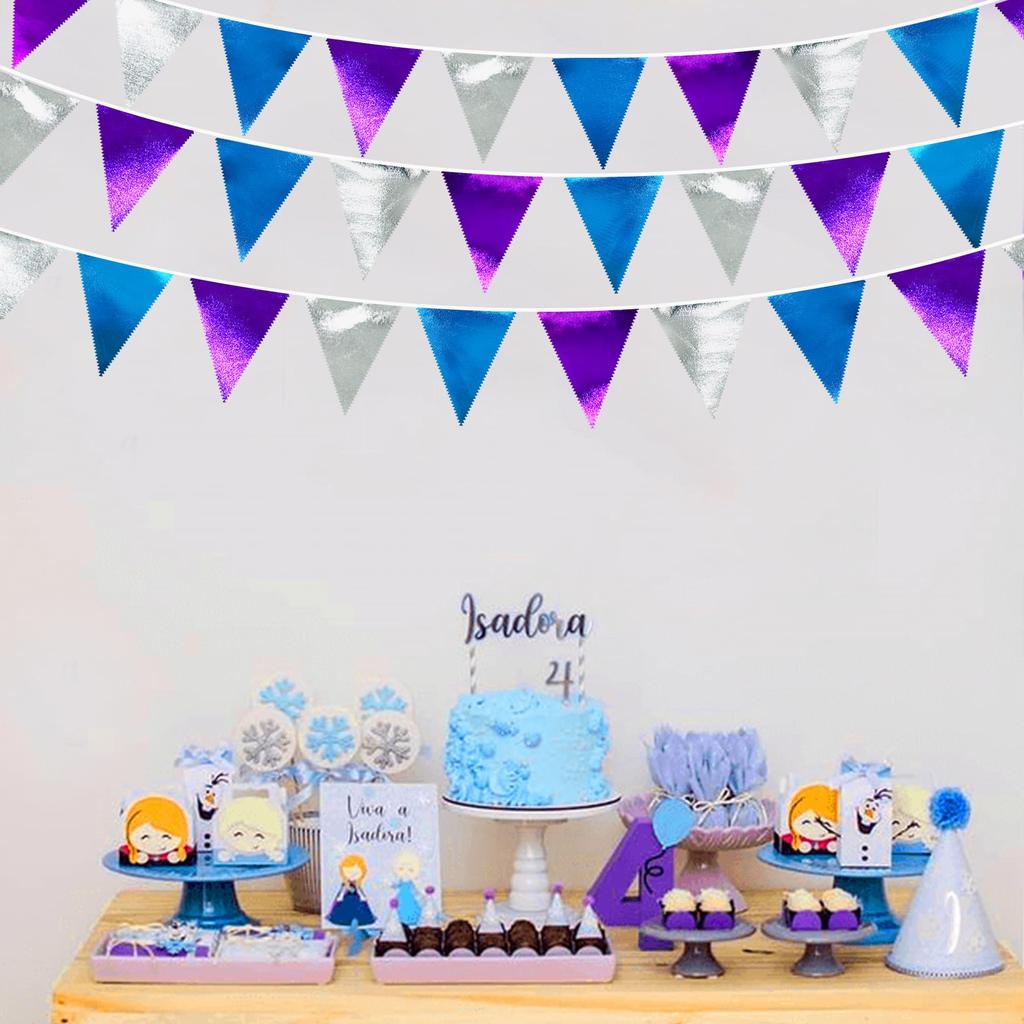 PinkBlume Winter Purple, Silver, and Blue Triangle Flag Fabric Garland Banner Party Decoration, Smooth Bright Colors, Purple, Blue, and Silver Winter