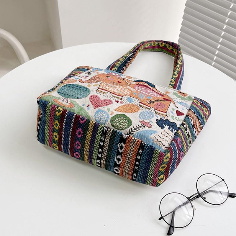 Ethnic Style Handbag Trendy Animal Embroidery Handbag Canvas Women Shoulder Bags Women Grocery Storage Pouch