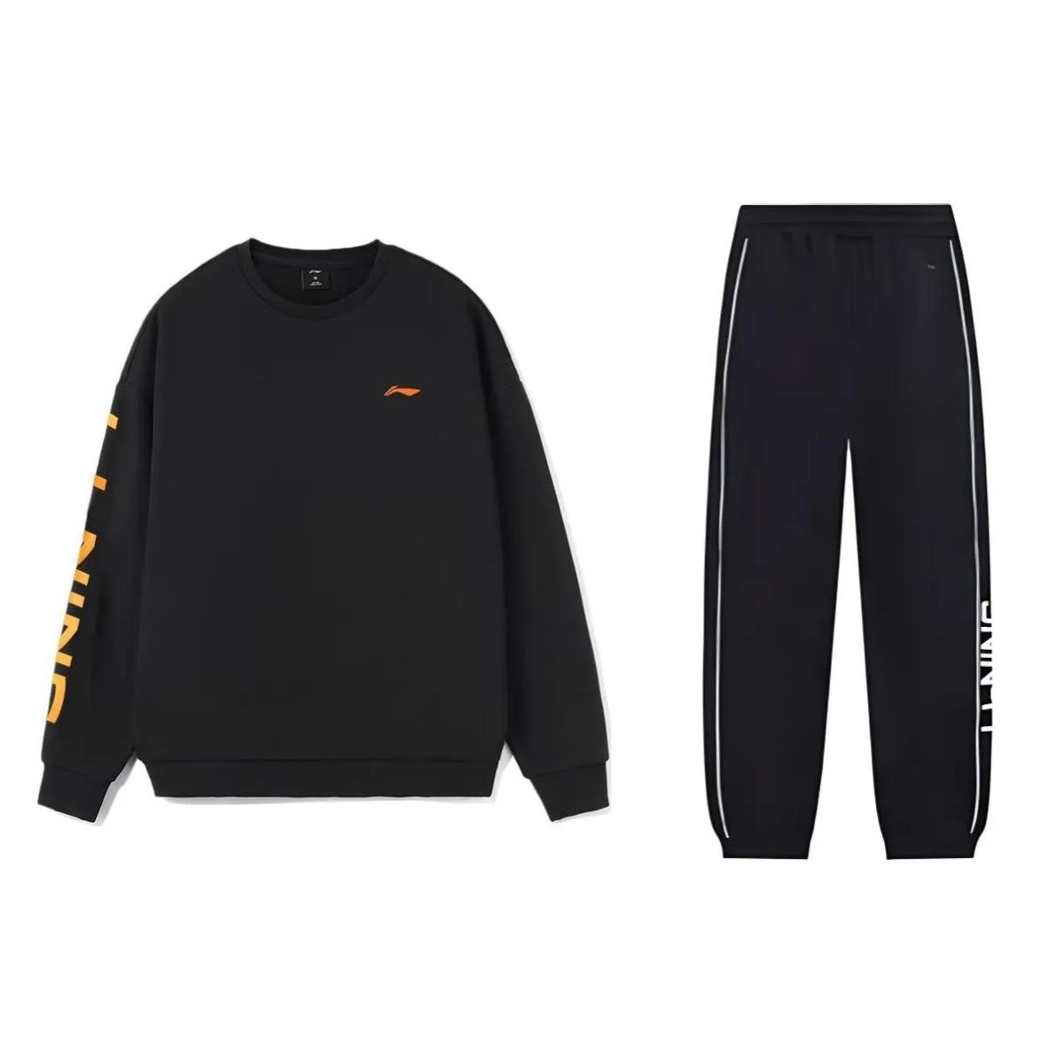 

Li Ning Теплый флисовый свитшот с принтом логотипа, свободного кроя, с круглым вырезом и длинные брюки с манжетами на щиколотках, со средней посадкой, повседневный спортивный костюм AWDSD23-3+AKLUB05-1 S