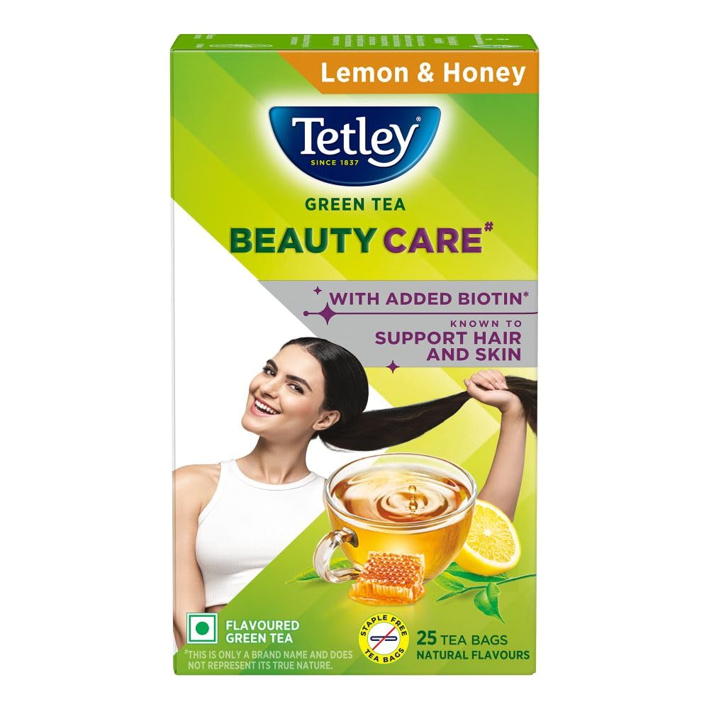 

Tetley Green Tea Beauty Care with Biotin for Hair and Skin, Lemon Honey Flavour, 25 Sachets, 0 Calories (1.7 g each)