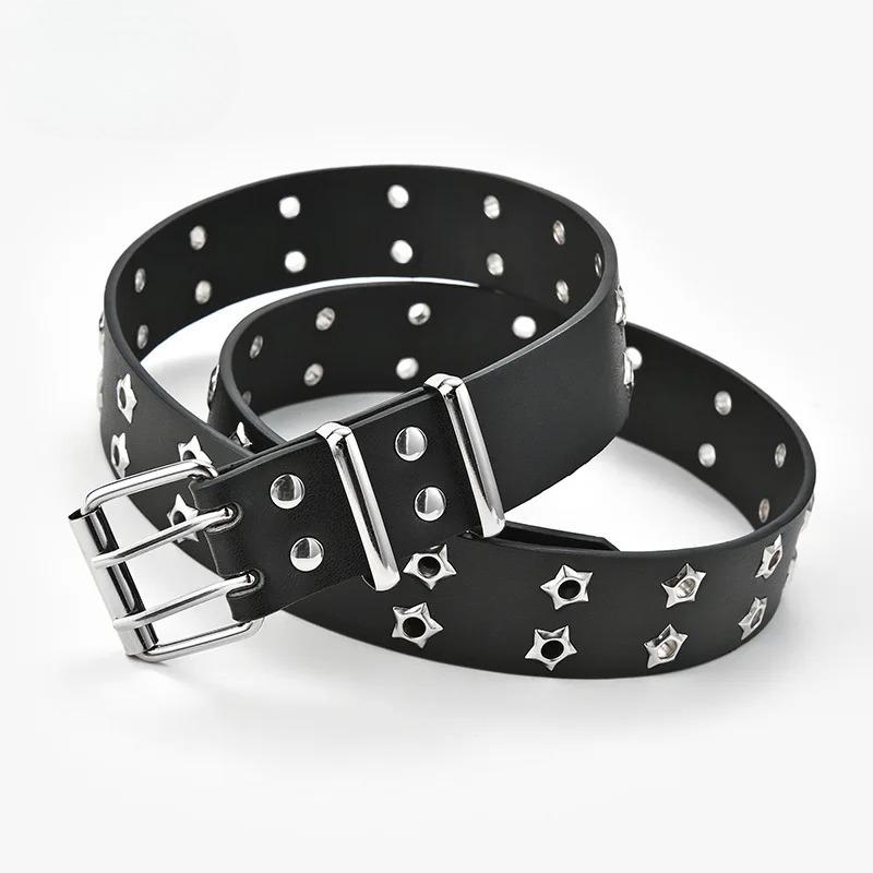Silberne Stern-Ösen-Niete Damen Gürtel Zweireihige Dornschließe Modischer Herren Gürtel PU Leder Gürtel Hip Hop Punk Rock Stil Jeans Gürtel