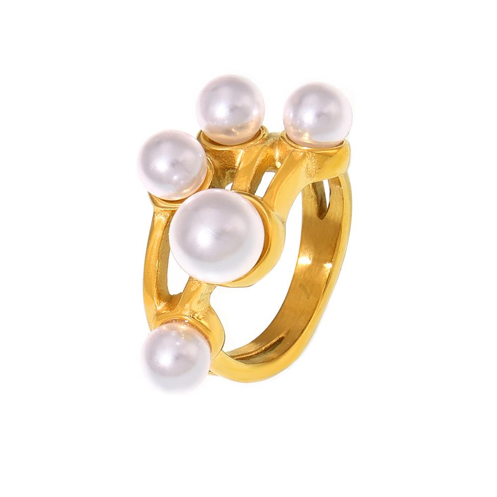 18k Gold-Plated Stainless Steel Hollow Ring with Faux Pearl Inlay