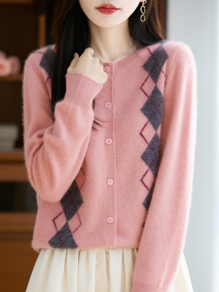 Women's 100% Wool Cashmere Cardigan, Round Neck, Loose Knit, Soft Thickened Coat for Autumn/Winter.