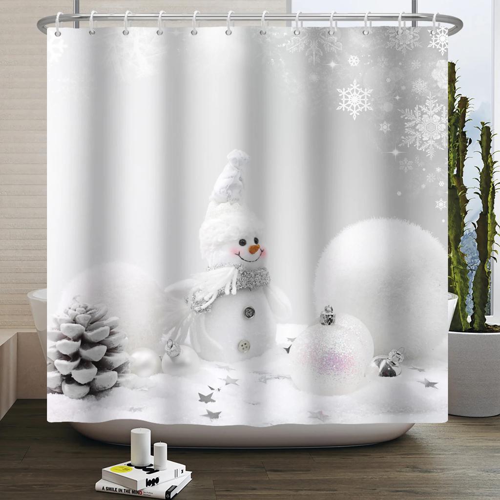 Christmas Shower Curtain Xmas Tree Winter Forest Snow Cute Snowman Bathroom Shower Curtain Waterproof Bath Curtain With Hook