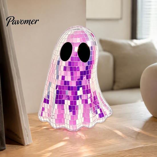 Reflective Mosaic Art Disco Ghost Tabletop Ornament, Iridescent Mirror Figurine, Retro Holiday Atmosphere Ornament Halloween Party Decor, Cute Spooky