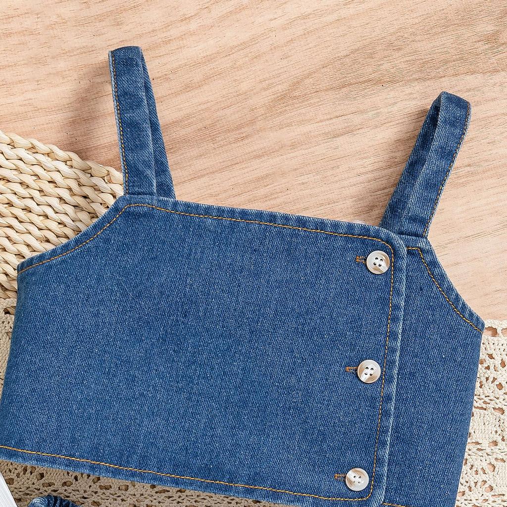 Girls' Fashionable Set Summer Children's Casual Puffed-sleeve Short-sleeved Vest and Denim Trousers Three-piece Set