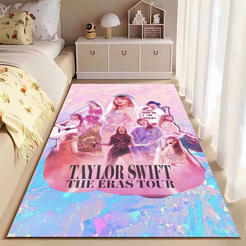 Pop Music Area Rug, Taylor Swift Eras Tour Pink Holographic Collage Print, Music Fan Room Decor, Non-Slip Mat