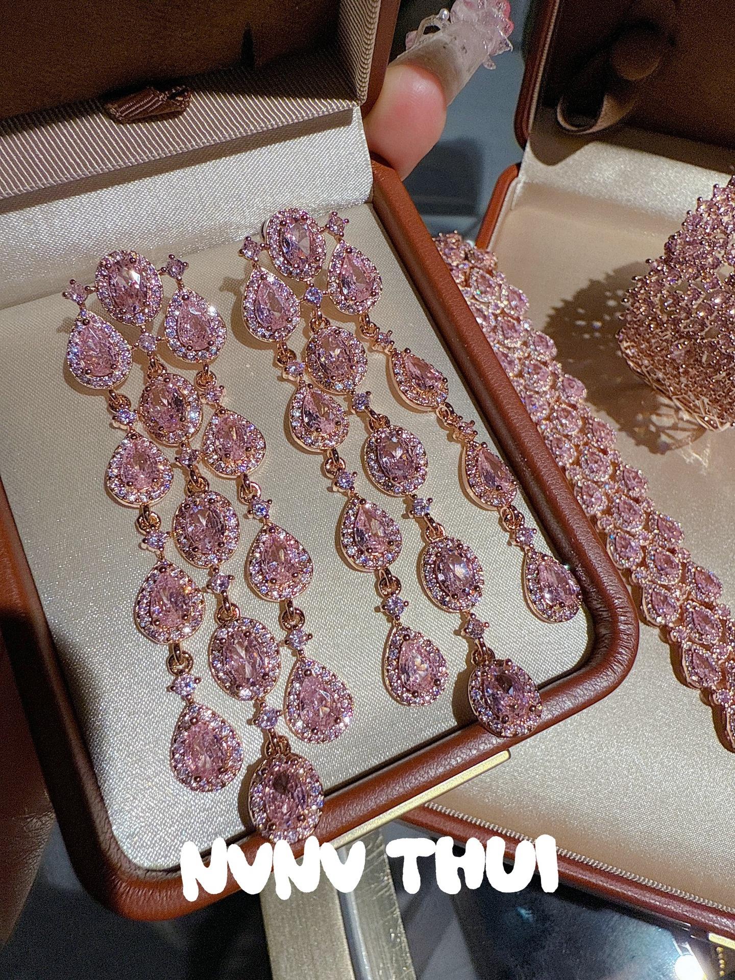 Jewelry Mozambique Pink Water Drop Gem Necklace, Bright And Magnificent Water Drop Zircon Bracelet, Earring Set.