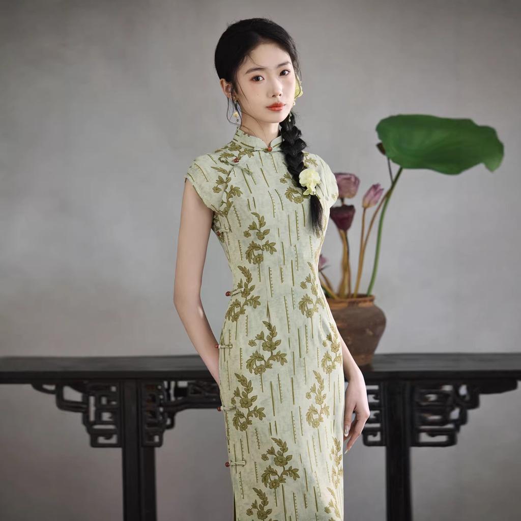 New Chinese style young light green cheongsam green leaf print 1011 summer daily girly dress