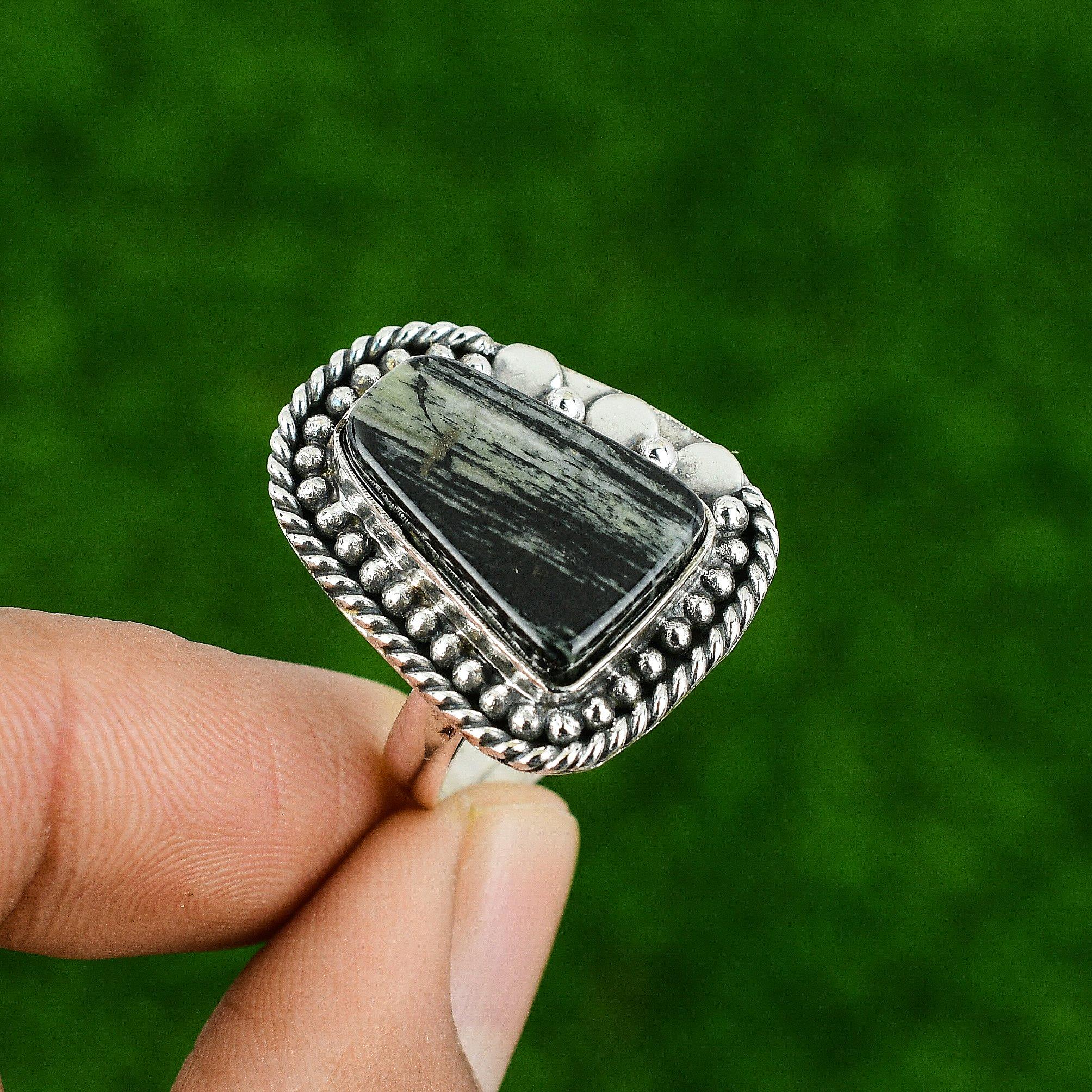 

Стерлинговое серебро Натуральный серебристый яшма Лист Безель Штабелируемое Кольцо на День рождения Ювелирное изделие Adjustable