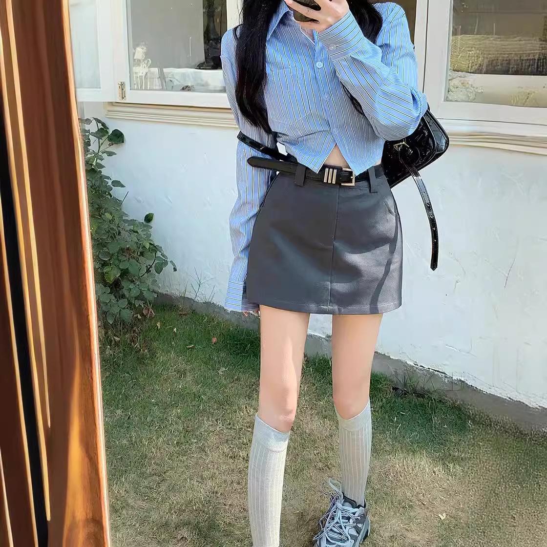 

Women s Gray High Waist A-line Mini Skirt with Anti-exposure Design 3XL