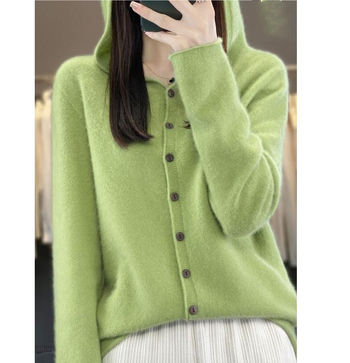 First Line 100% Merino Wool Knitted Cardigan Women's Autumn and Winter Hoodie Loose Sweater Fashionable Versatile Coat