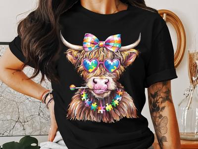 Highland Cow T-Shirt: Autism Awareness, Heart Sunglasses & Lollipop