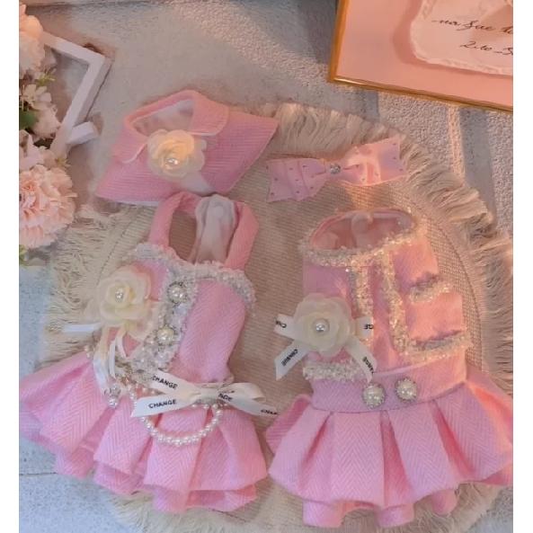 Pink Luxury Pearl Magnolia Design High-End Custom Pet Dress Set Winter Clothes Suit For Small Dog