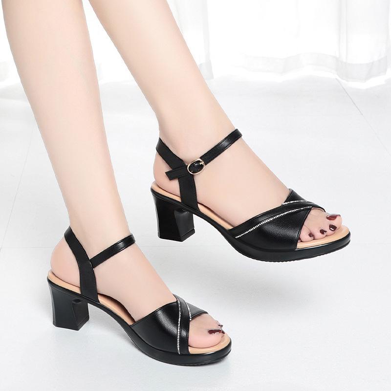 Women Fashion Breath Black Comfort Summer Hollow Open Toe High Heel Shoes Spring One-word Buckle Strap Soft Leather Heels