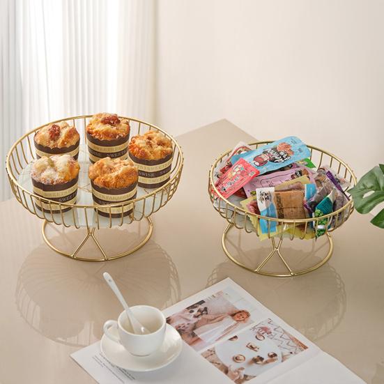 Yousheng Metal Wire Fruit Basket Round Mesh Fruit Bowl with Marble Texture Tray Modern Decorative Bread Snacks Serving Bowl for Kitchen Countertop