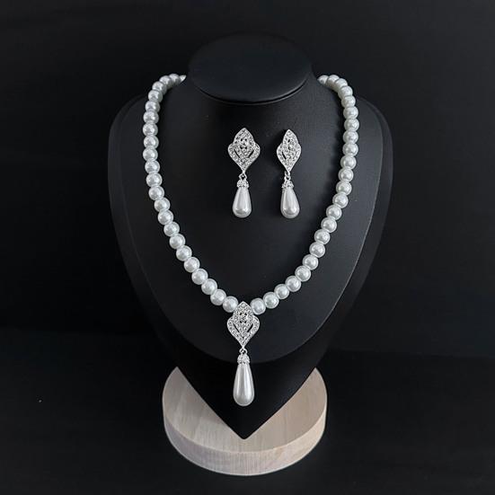 2Pcs/Set Imitation Pearl Jewelry Set Retro French Style Blue Waterdrop Faux Gem Charm Necklace Earrings Set