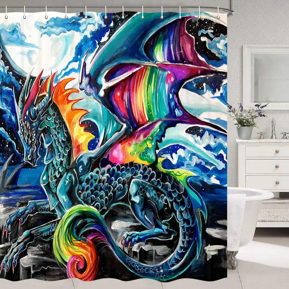 Thème Fantasy Médiévale Dragon Violet Rideau de Douche Animaux Magiques Tissu Polyester Rideau de Bain Pour Décoration de Salle de Bain Avec Crochets