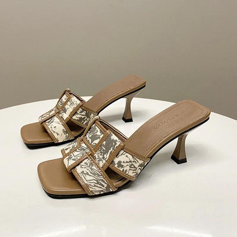 2024 New Brand Summer High Heel Women Slippers Fashion Square Toe Slip On Slides Ladies Elegant Party Dress Sandalias