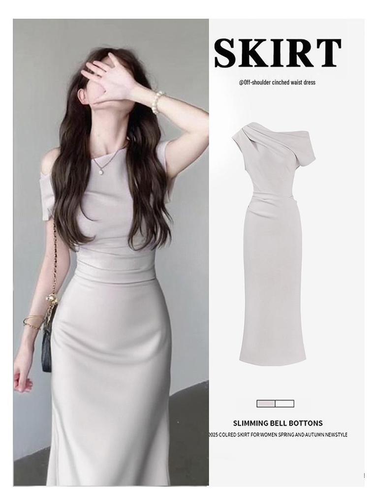 Stunning Apricot Off-Shoulder Bodycon Summer Dress - Women's Elegant Diagonal One-Shoulder Evening Gown