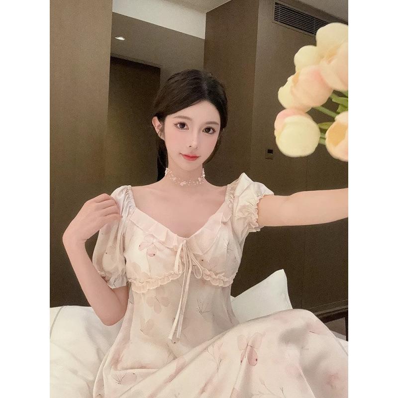 1011 Summer New Sweet Ice Silk Nightdress Women's Sexy Pajamas with Chest Pads Thin Long Court Style Loungewear