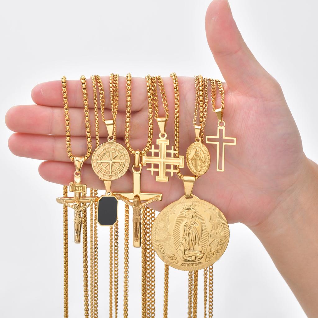 Men's Stylish Gold Color Necklace, Stainless Steel Geometric Cross Pendant Necklace, Vintage Fashion Jewelry Gift To Father