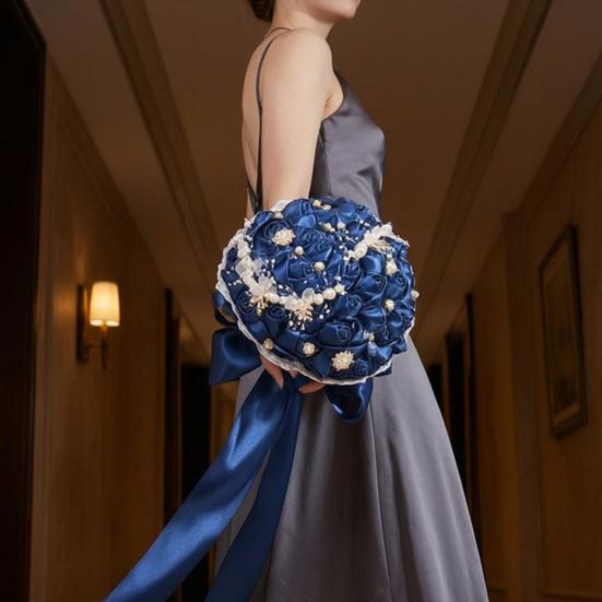 Lightweight Handheld Wedding Flowers Artificial Silk Rose Bridal Bouquet with Chiffon Ribbon, Toss for Ceremony, Vintage Style Floral Keepsake