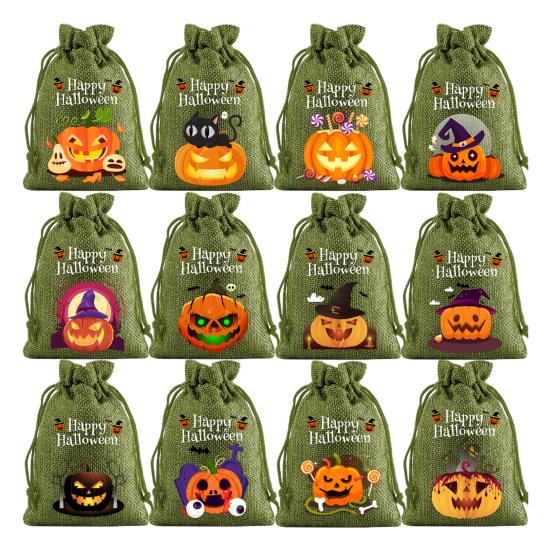 12 Pcs Halloween Treat Bags Burlap Gift Bags Mini Drawstring Candy Bags Pumpkin Pattern Goodie Bags for Halloween Party Favors