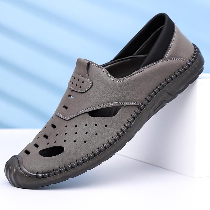 2025 Summer New Men's Leather Sandals Handmade On-line Soft Leather Soft Sole Hollow Breathable Casual Shoes 2025