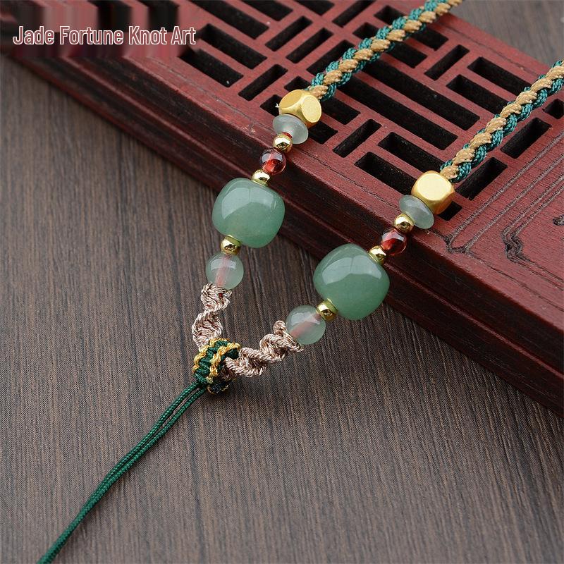 Four-Strand Braided Necklace Lanyard with Jadeite, White Agate, and Dongling Jade Pendant