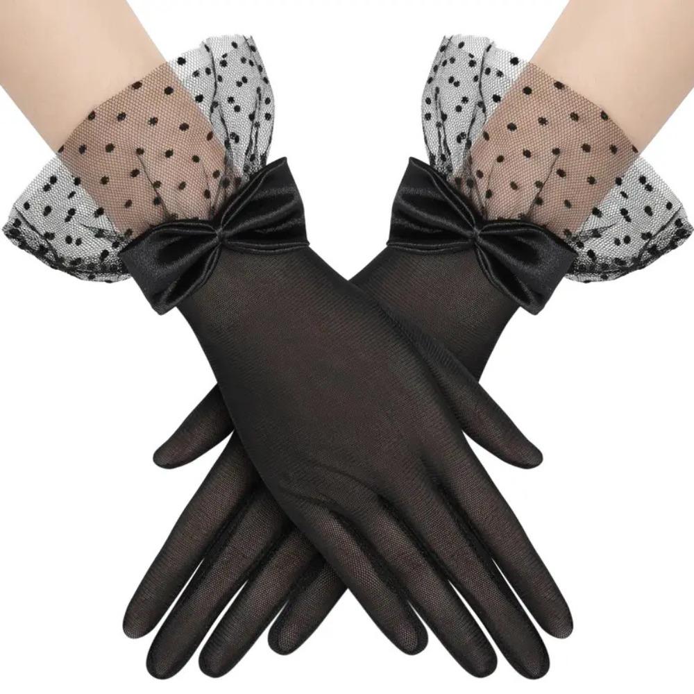 Polka Dot Wedding Bridal Gloves White Long Finger Mittens Retro Black Lace Gloves  Funeral