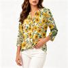 Women's Vintage Floral Print Henley Button Neck Three Quarter Sleeve Linen Cotton Shirt Casual Lightweight Blouse for Everyday Wear