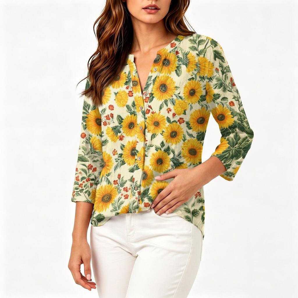 Women's Vintage Floral Print Henley Button Neck Three Quarter Sleeve Linen Cotton Shirt Casual Lightweight Blouse for Everyday Wear