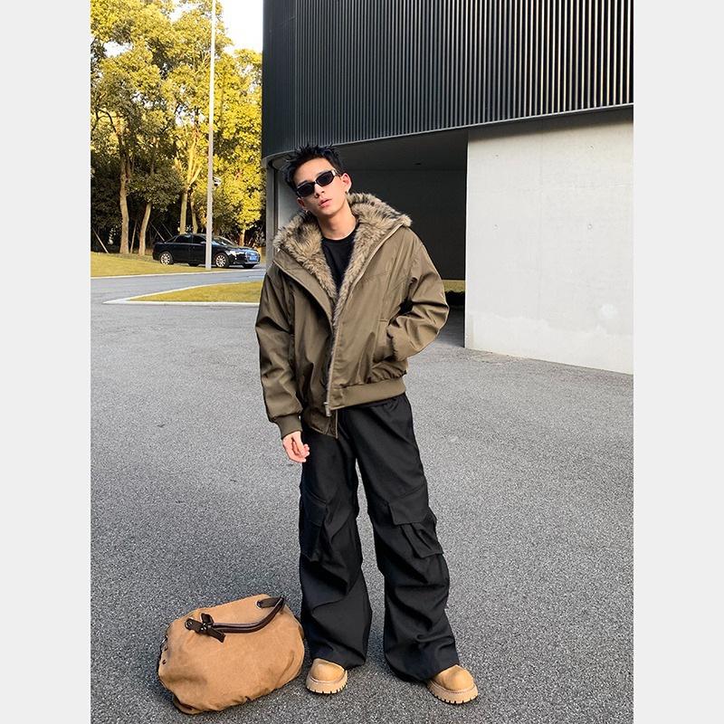 Men's American Retro Mountain Eagle Fur Collar Cotton Flight Jacket – Thickened Autumn/Winter Loose Fit Outerwear