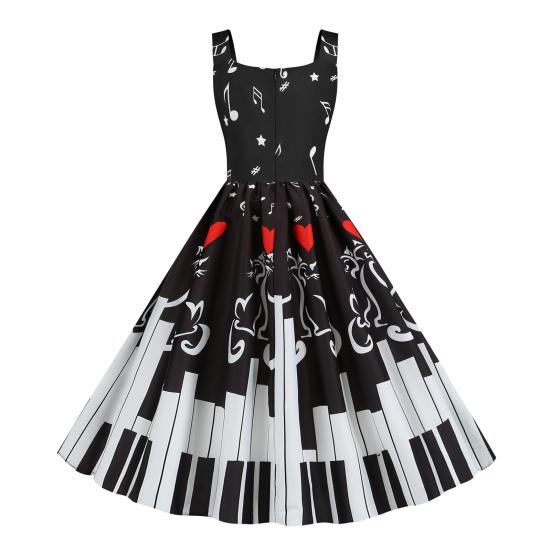 Dámské šaty bez rukávů v 50. letech vintage Vzor notového zápisu Midi šaty Retro koktejlové swingové šaty Áčkového střihu Večerní taneční róba na čajový dýchánek